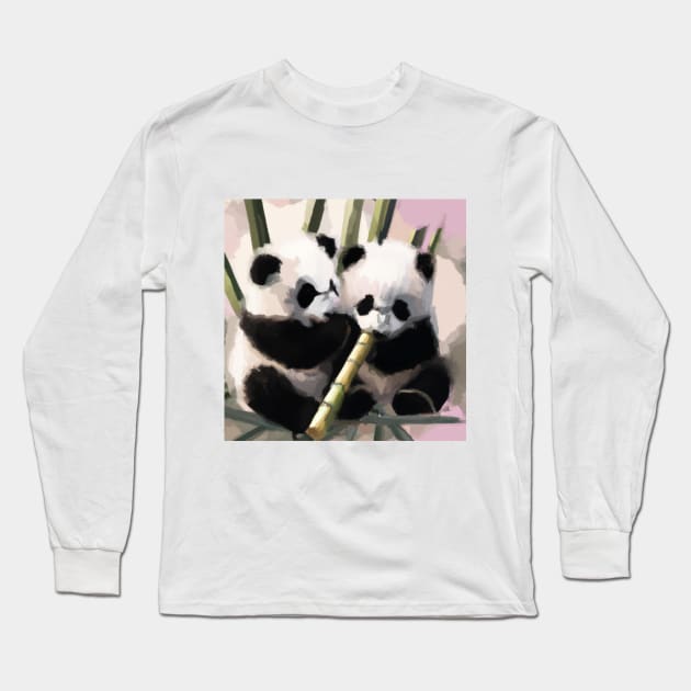 Baby Panda Bears eating bamboo Long Sleeve T-Shirt by Cotton Candy Art